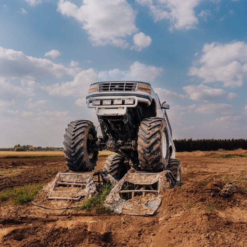 Ogromny monster truck unosi się nad zniszczonymi wrakami samochodów, prezentując swoją imponującą moc na tle błękitnego nieba.