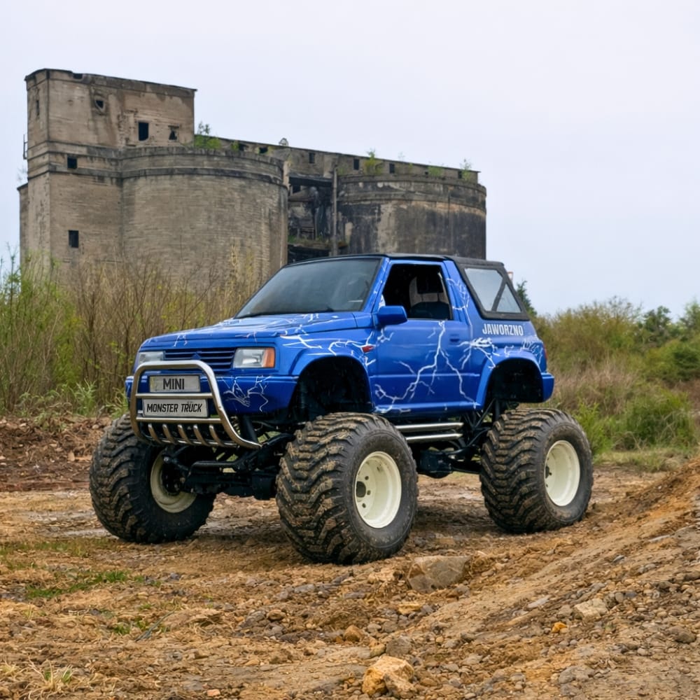 Na zdjęciu znajduje się niebieski mini monster truck na tle zrujnowanego budynku, symbolizując atrakcje off-roadowe dostępne dla pasjonatów niezależnie od wieku.