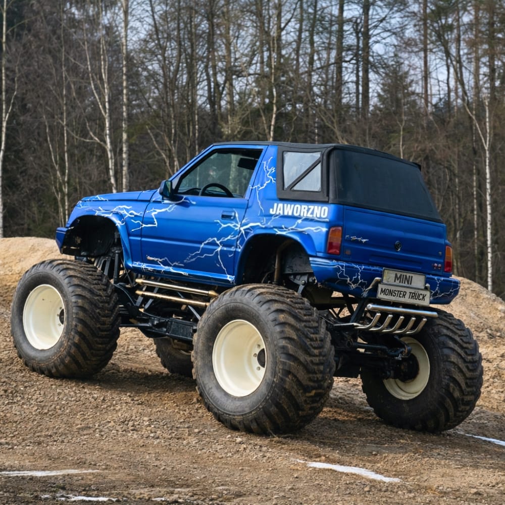 Na zdjęciu widać niebieskiego mini monster trucka o imponujących kołach, przygotowanego na przejażdżki po torze w lesistej okolicy.